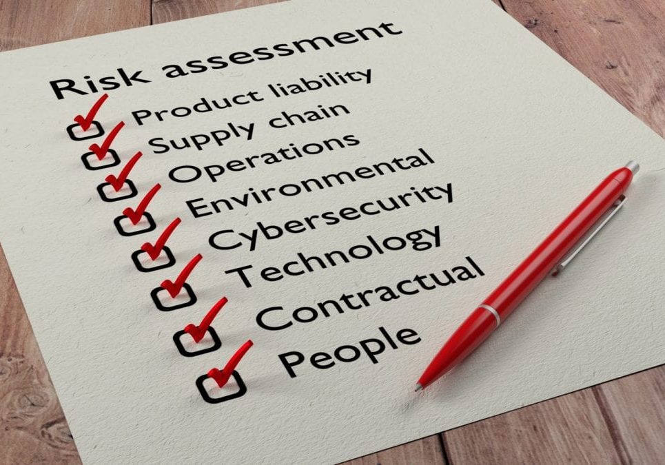 Risk assessment types checklist on white paper with red tickmarks and a pen 3D illustration